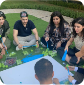 Team competing in gamified workshop with leaderboard